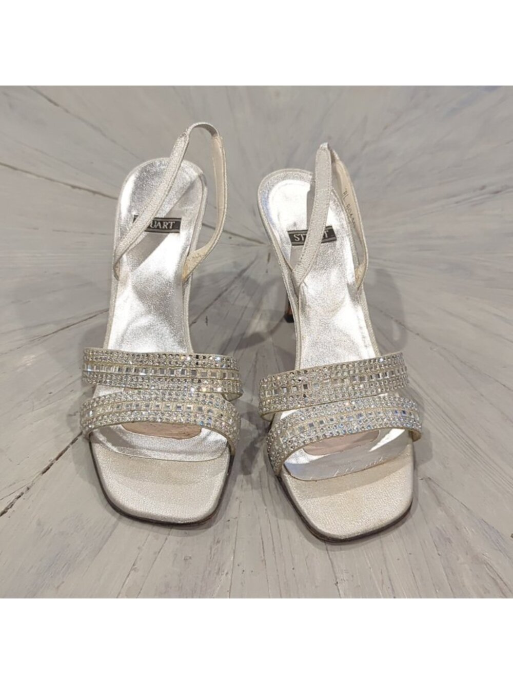 Stuart Weitzman Silver Leather Crystal Beaded Sling Back Heels